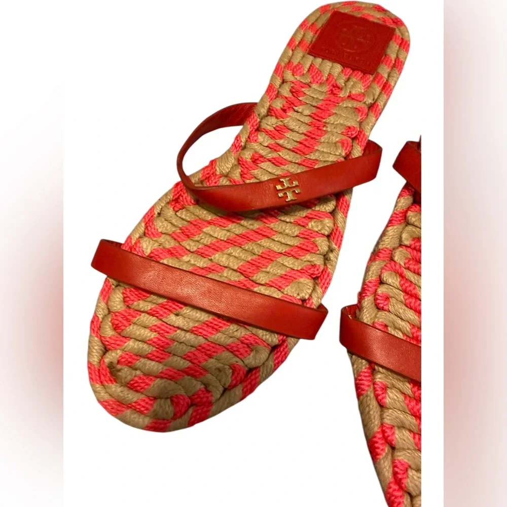 Tory Burch Two Band Flat Espadrille Slide Sandals | Hot Pink & Tan | Size 8